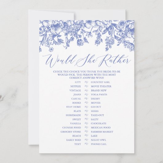青いフローラは彼女はむしろブライダルシャワーゲーム 招待状 (正面)
