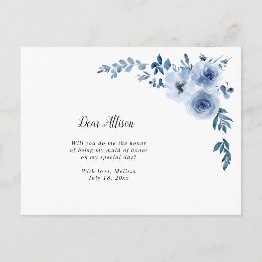 青いフローラは私のメイド・オブ・オーナー（花嫁付き添い人）カード インビテーションポストカード (裏面)