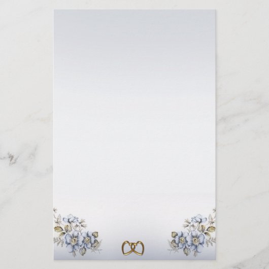 青いフローラひな形金ゴールドのリンクハート 便箋 (正面)