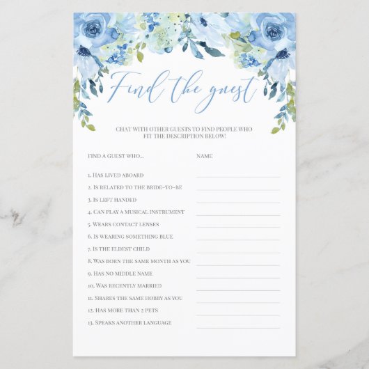 青いフローラを見つけるゲストブライダルシャワーゲームboho (正面)