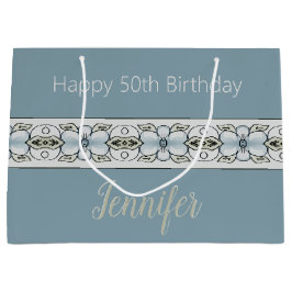 青いフローラアクセント ラージペーパーバッグ