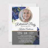 青いフローラエレガント写真の退職パーティー 招待状 (正面)