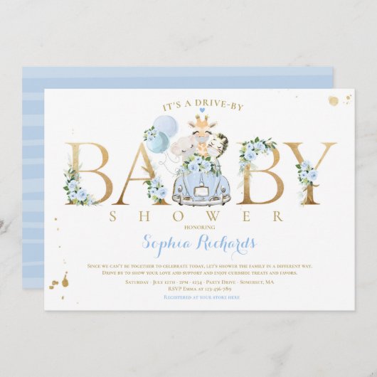 青いフローラサファリの動物がベビーシャワーで運転 招待状 (正面/裏面)