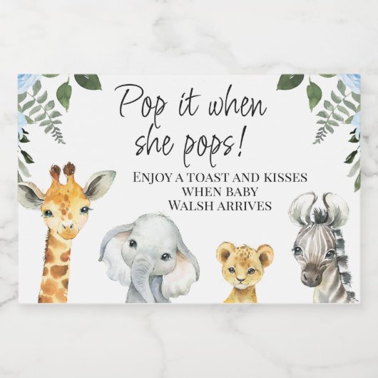 青いフローラサファリ動物ベビーシャワーポップ・アートのIt スパークリングワインラベル (シングルラベル)