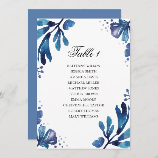 青いフローラシーティングチャート。海軍結婚計画 招待状 (正面/裏面)