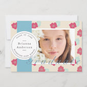 青いフローラスタンプとリボンフォト卒業 招待状 (正面)