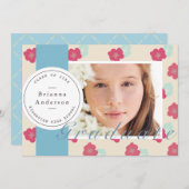 青いフローラスタンプとリボンフォト卒業 招待状 (正面/裏面)