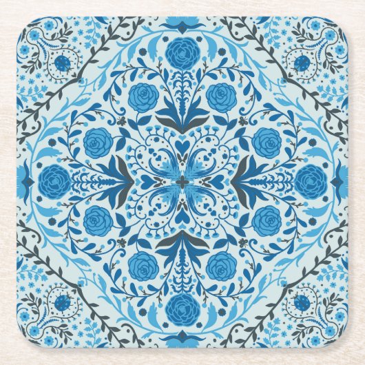 青いフローラタイル スクエアペーパーコースター (正面)
