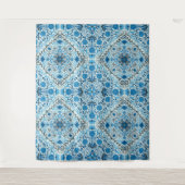 青いフローラタイル タペストリー (正面)