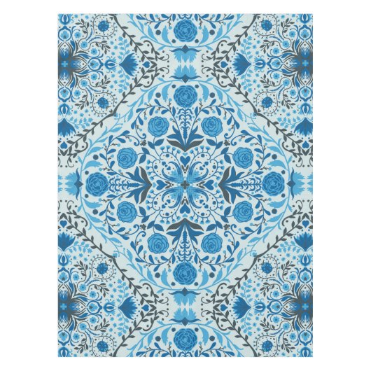 青いフローラタイル テーブルクロス (正面)