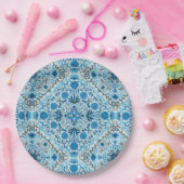 青いフローラタイル ペーパープレート (パーティー)