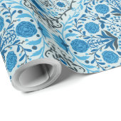 青いフローラタイル ラッピングペーパー (ロールコーナー)