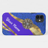 青いフローラダマスクと金ゴールドリボン Case-Mate iPhoneケース (裏面(横))