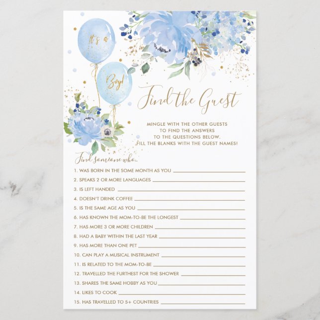 青いフローラバルーンゲストアイスブレーカーゲームを見つける (正面)