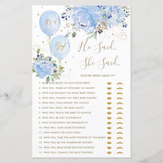 青いフローラバルーン彼は彼女はベビーゲームと言った (正面)