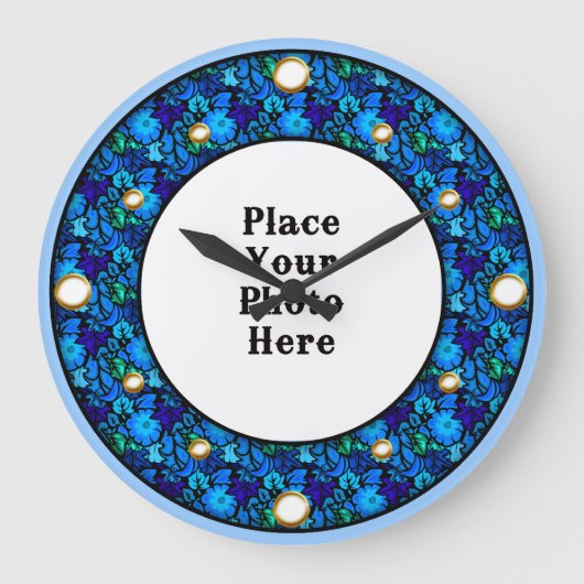 青いフローラフレームのフォトウォール時計 ラージ壁時計 (正面)
