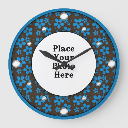 青いフローラフレームのフォトウォール時計 ラージ壁時計 (正面)