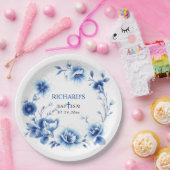 青いフローラフレームChinoiserie flowers boy Baptism ペーパープレート (パーティー)