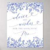 青いフローラブライダルシャワーアドバイスとウィッシュサイン ポスター (正面)