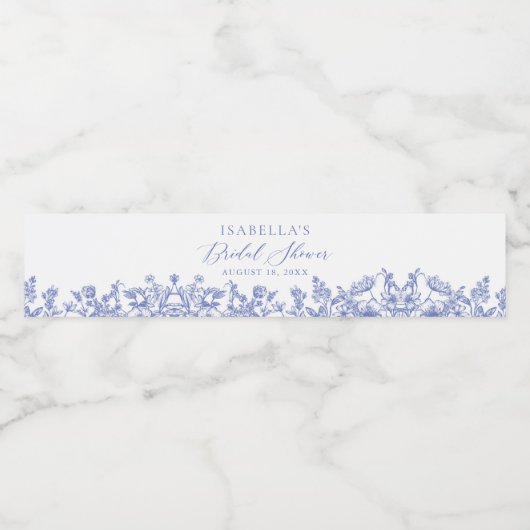 青いフローラブライダルシャワーウォーターボトルラベル ペットボトルラベル (シングルラベル)