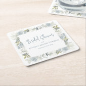 青いフローラブライダルシャワーカスタムスクリプト スクエアペーパーコースター (アングル)