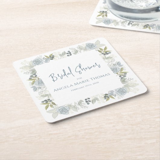 青いフローラブライダルシャワーカスタムスクリプト スクエアペーパーコースター (アングル)