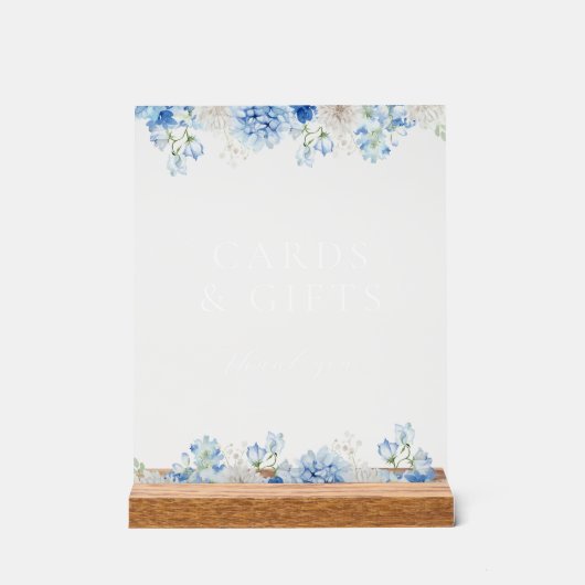 青いフローラブライダルシャワーカードとギフト アクリルサイン (正面)