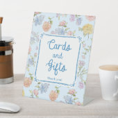 青いフローラブライダルシャワーカードとギフト 台座サイン (インサイチュ)