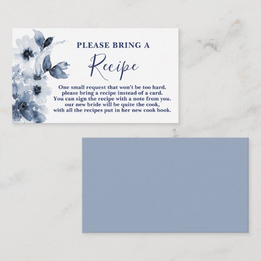 青いフローラブライダルシャワーレシピカード要求 エンクロージャーカード (正面/裏面)