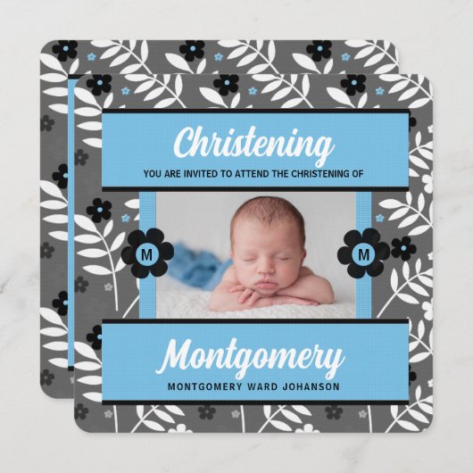 青いフローラベビー《キリスト教》洗礼式や命名式(写真あり) 招待状 (正面/裏面)
