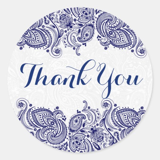 青いフローラペイズリー白い背景 ラウンドシール (正面)