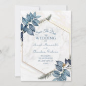 青いフローラミニマル日付カードの保存 セーブザデート (正面)