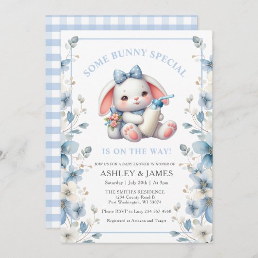 青いフローラミルクの赤ちゃんシャワーといくつかのバニー 招待状 (正面/裏面)