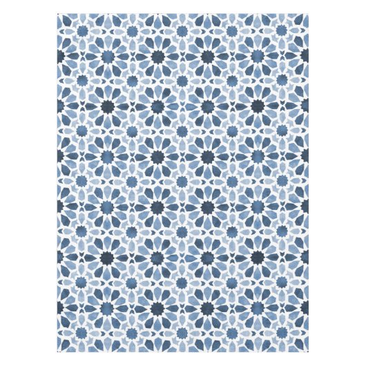 青いフローラモロッコタイルパターン テーブルクロス (正面)