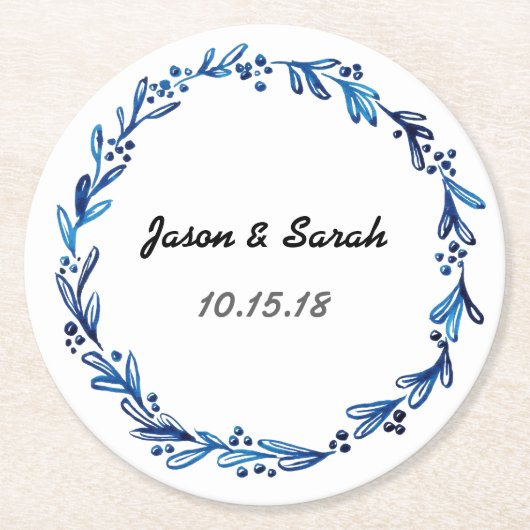 青いフローラリースのカスタマイズ ラウンドペーパーコースター (正面)