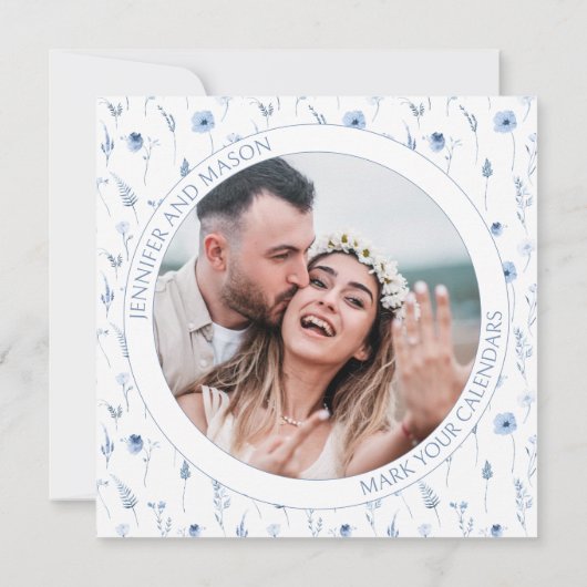 青いフローラリース写真の招待を保存 (裏面)