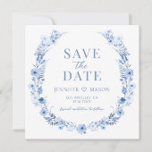 青いフローラリース写真の招待を保存 (正面)