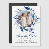 青いフローラリース写真の結婚式の日付を保存 マグネット招待状 (正面/裏面)