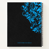 青いフローラレースの黒いリネンのテクスチャ ノートブック (裏面)