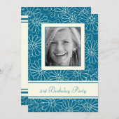 青いフローラ写真21歳の誕生日パーティの招待状 招待状 (正面/裏面)