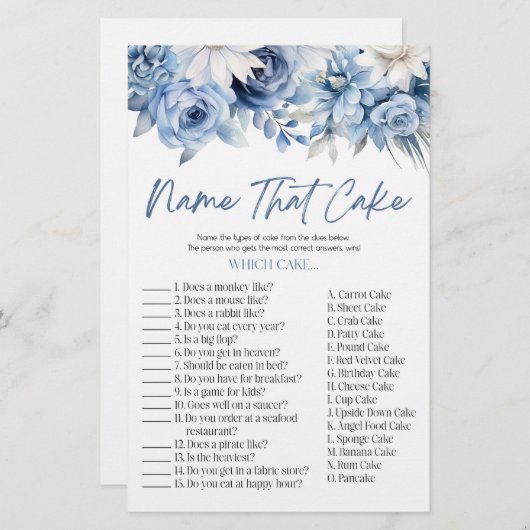 青いフローラ名ザケーキブライダルシャワーゲーム 便箋 (正面/裏面)