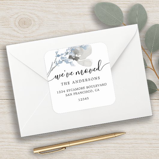 青いフローラ引っ越しました新しい住所ラベル スクエアシール