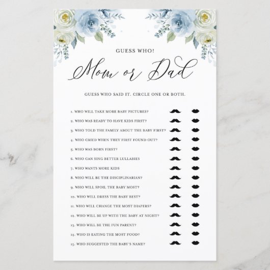 青いフローラ推測ママまたはパパ赤ちゃんシャワーゲーム (正面)