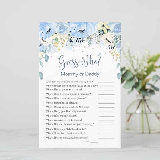 青いフローラ推測誰が赤ちゃんシャワーゲームフラット紙 (スタンド正面)