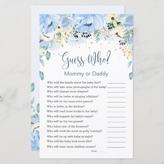 青いフローラ推測誰が赤ちゃんシャワーゲームフラット紙 (正面/裏面)