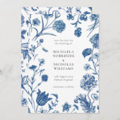 青いフローラ日付の保存結婚式招待状 招待状 (正面/裏面)