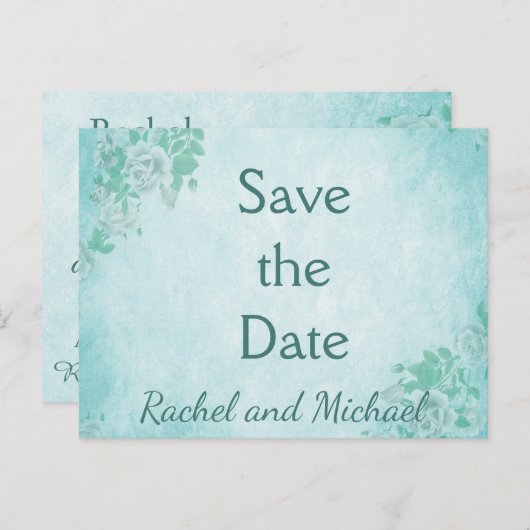 青いフローラ日付の保存 案内ポストカード (正面/裏面)