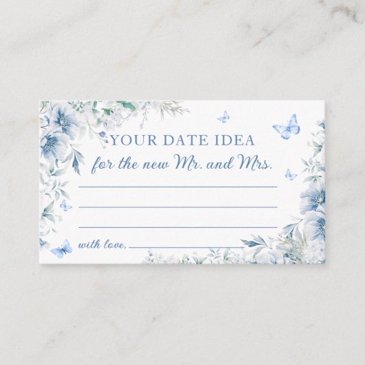 青いフローラ日付ナイトアイディアブライダルシャワーカード エンクロージャーカード (正面)