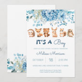 青いフローラ男の子の赤ちゃんシャワー 招待状 (正面/裏面)