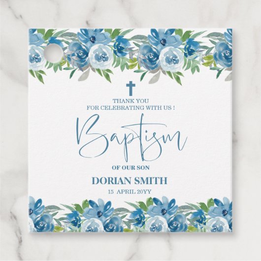 青いフローラ男の赤ちゃんメッセージカード フェイバータグ (正面)